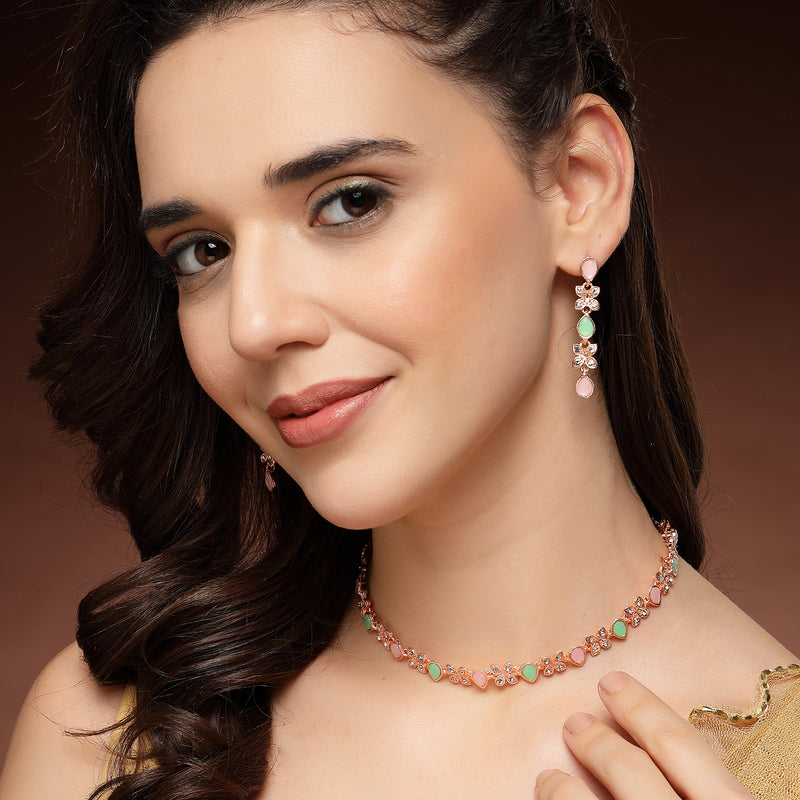 Rose Gold Plated Butterfly Shaped Pink & Mint Green Cubic Zirconia Studded Jewellery Set