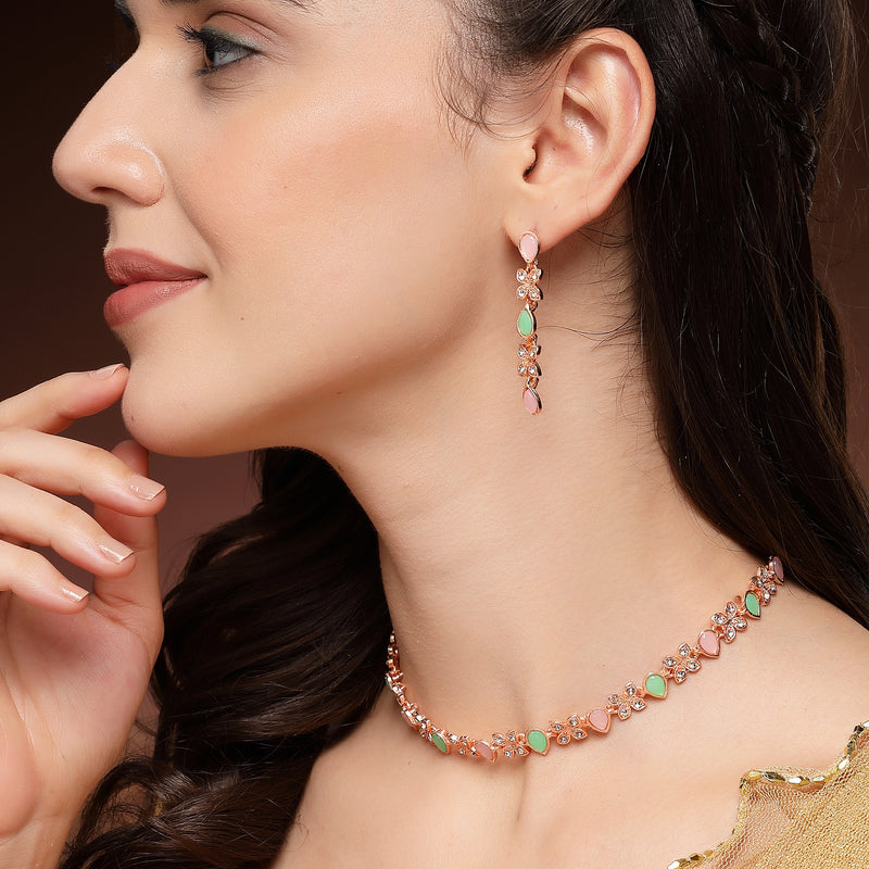 Rose Gold Plated Butterfly Shaped Pink & Mint Green Cubic Zirconia Studded Jewellery Set