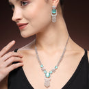 Rhodium Plated Silver Toned Sea Green & White American Diamond Studded Jewellery Set