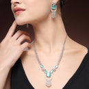 Rhodium Plated Silver Toned Sea Green & White American Diamond Studded Jewellery Set
