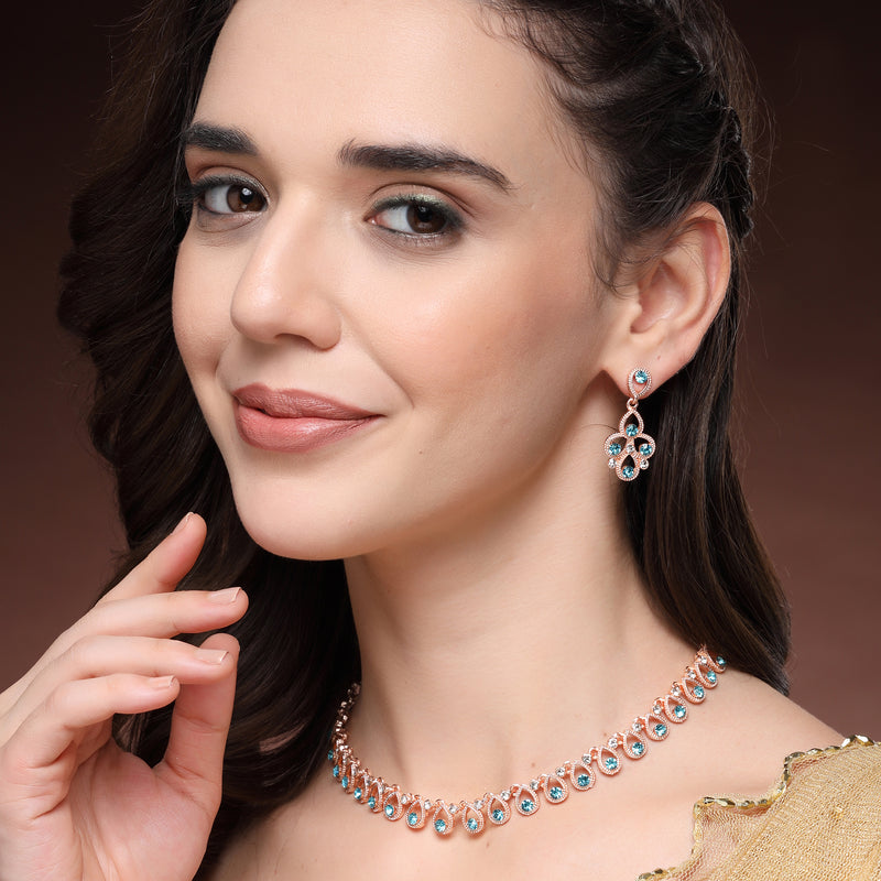 Rose Gold Plated Teardrop Shaped Blue Cubic Zirconia Studded Jewellery Set