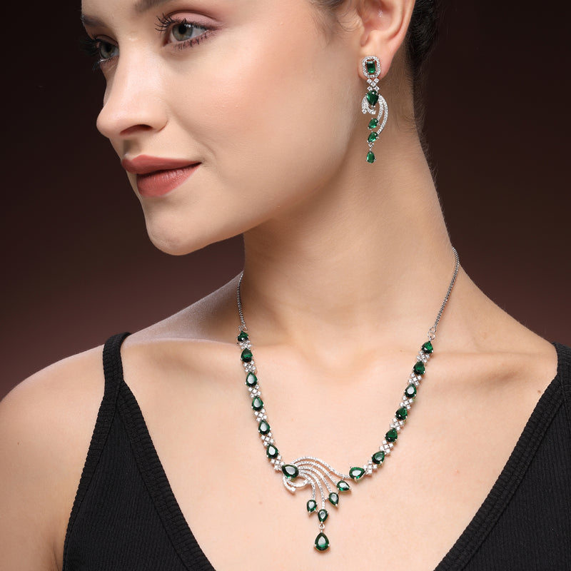 Rhodium Plated Silver Toned Green & White American Diamond Studded Jewellery Set