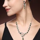 Rhodium Plated Silver Toned Green & White American Diamond Studded Jewellery Set