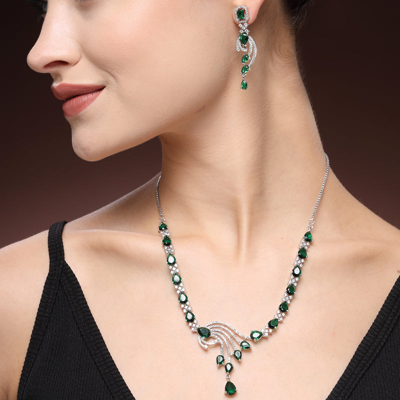 Rhodium Plated Silver Toned Green & White American Diamond Studded Jewellery Set