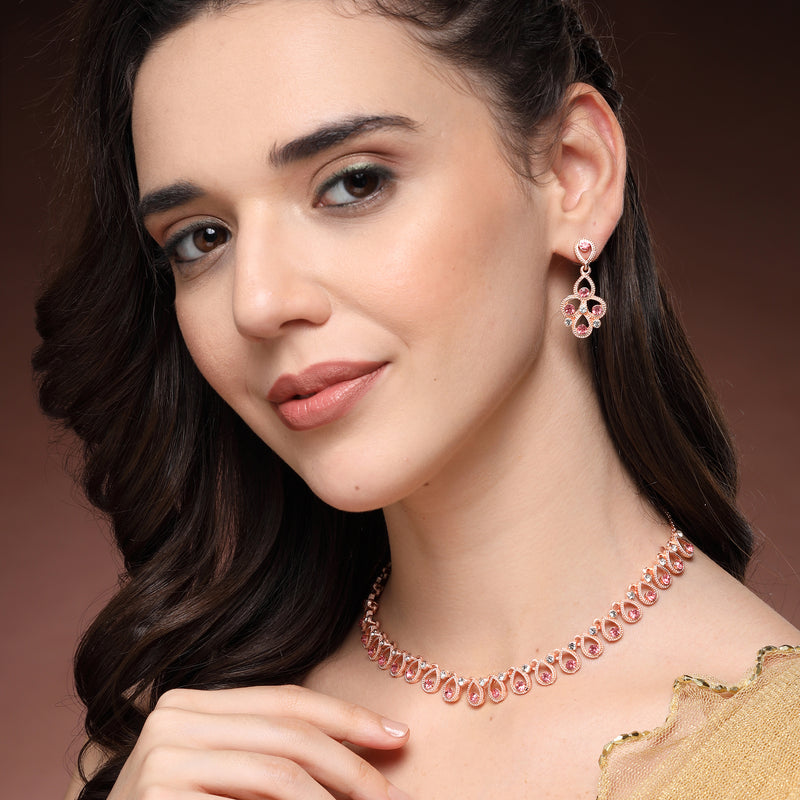 Rose Gold Plated Teardrop Shaped Pink Cubic Zirconia Studded Jewellery Set