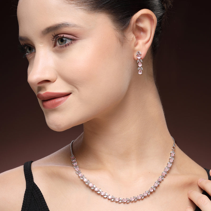 Rhodium Plated Silver Toned Teardrop Shaped Pink & White American Diamond Studded Jewellery Set