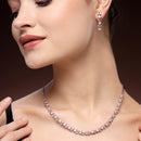 Rhodium Plated Silver Toned Teardrop Shaped Pink & White American Diamond Studded Jewellery Set