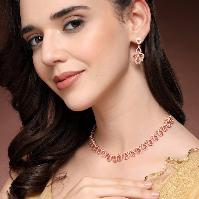 Rose Gold Plated Teardrop Shaped Pink Cubic Zirconia Studded Jewellery Set