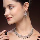 Rhodium Plated Silver Toned Green & White American Diamond Studded Jewellery Set