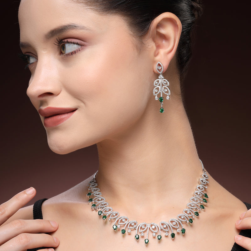 Rhodium Plated Silver Toned Green & White American Diamond Studded Jewellery Set