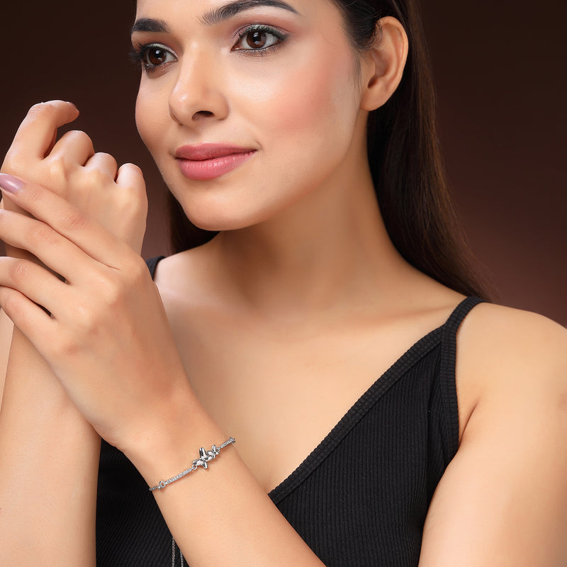 Rhodium Plated Silver Toned Butterfly Shaped White Cubic Zirconia Studded Adjustable Bracelet