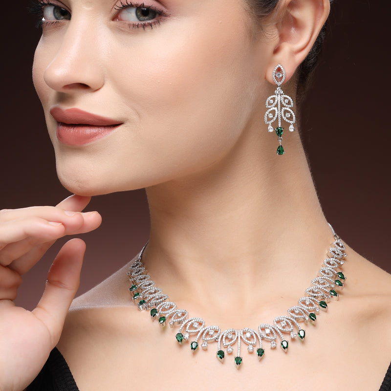 Rhodium Plated Silver Toned Green & White American Diamond Studded Jewellery Set
