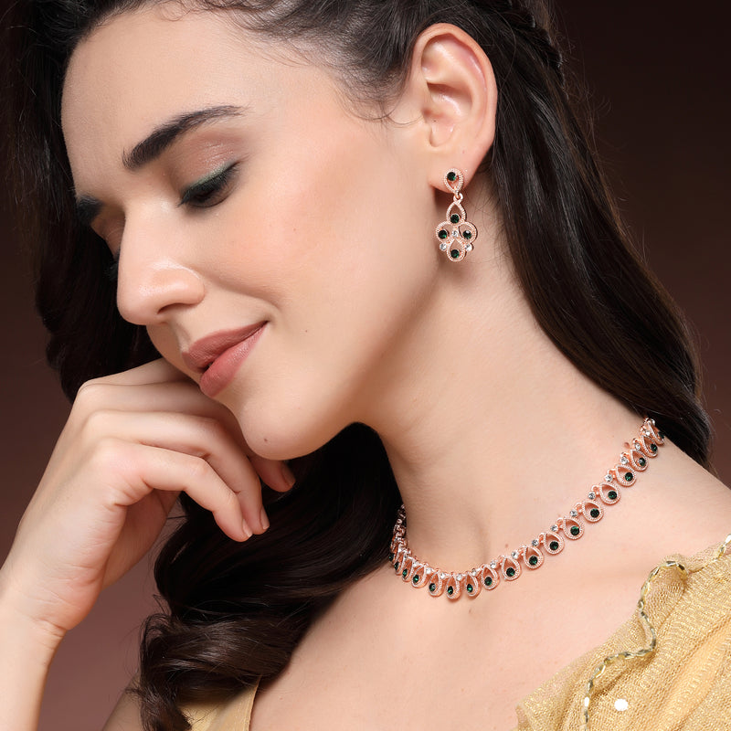 Rose Gold Plated Teardrop Shaped Cubic Zirconia Studded Necklace With Earrings Jewellery Set