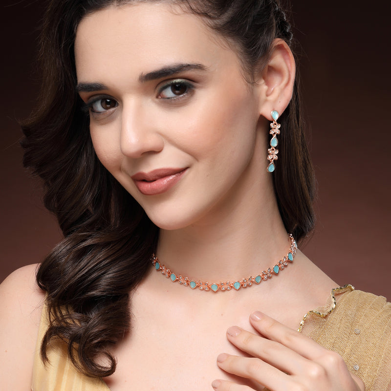 Rose Gold Plated Butterfly Shaped Blue Cubic Zirconia Studded Jewellery Set