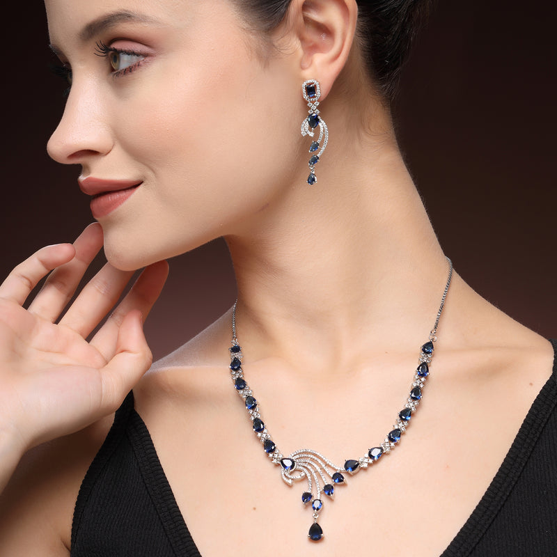 Rhodium Plated Silver Toned Blue & White American Diamond Studded Jewellery Set