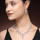 Rhodium Plated Silver Toned Leaf Teardrop Shaped Pink & White American Diamond Studded Jewellery Set