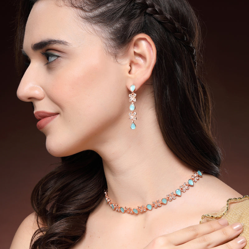 Rose Gold Plated Butterfly Shaped Blue Cubic Zirconia Studded Jewellery Set