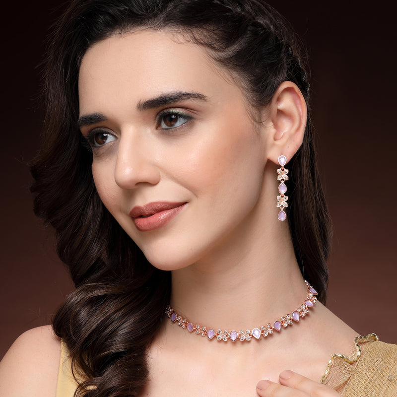 Rose Gold Plated Butterfly Shaped Lavender Cubic Zirconia Studded Jewellery Set
