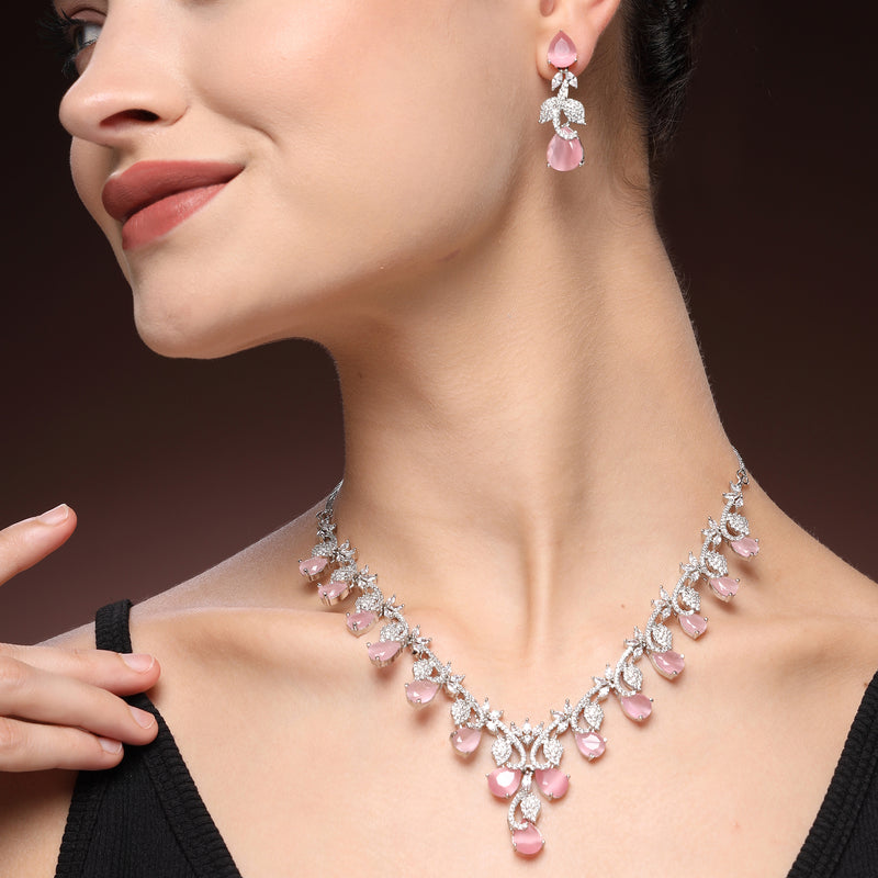 Rhodium Plated Silver Toned Leaf Teardrop Shaped Pink & White American Diamond Studded Jewellery Set