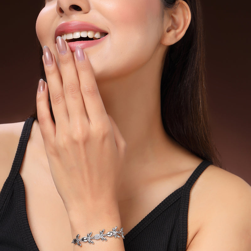 Rhodium Plated Silver Toned Cubic Zirconia Studded Adjustable Bracelet