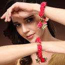 Pink Floral Handmade Beaded Haldi & Mehendi Cuff Bracelet Set Of 2