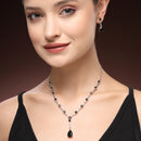 Rhodium Plated Silver Toned Teardrop Shaped Black & White American Diamond Studded Jewellery Set