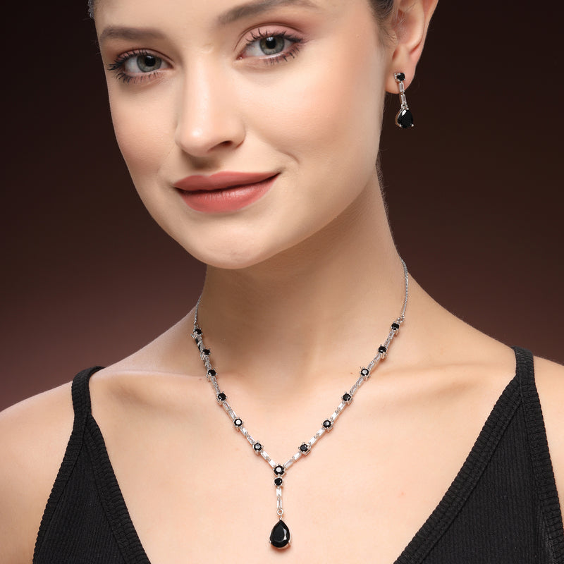 Rhodium Plated Silver Toned Teardrop Shaped Black & White American Diamond Studded Jewellery Set