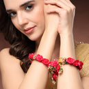 Pink Floral Handmade Beaded Haldi & Mehendi Cuff Bracelet Set Of 2