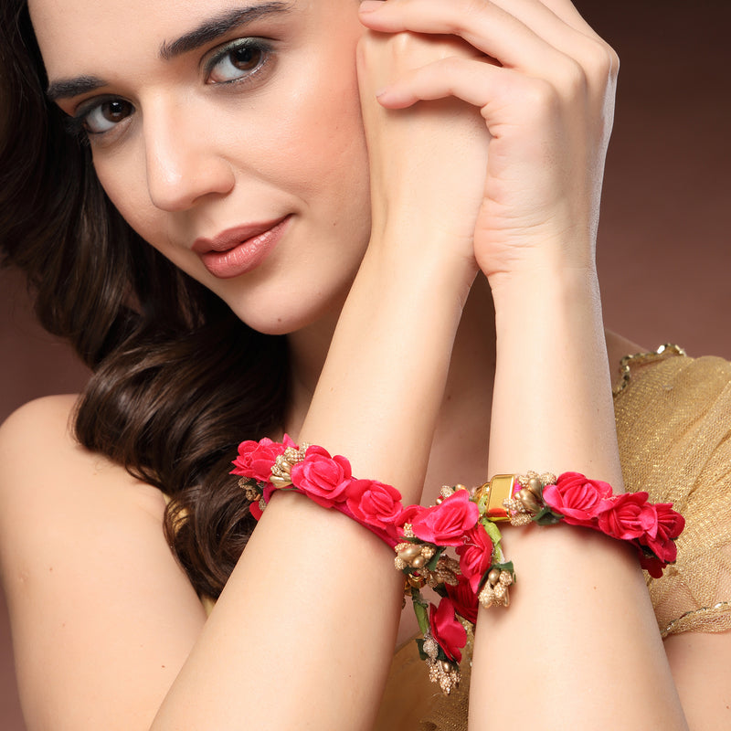 Pink Floral Handmade Beaded Haldi & Mehendi Cuff Bracelet Set Of 2