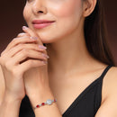 Rhodium Plated Silver Toned White And Red American Diamond Studded Adjustable Bracelet