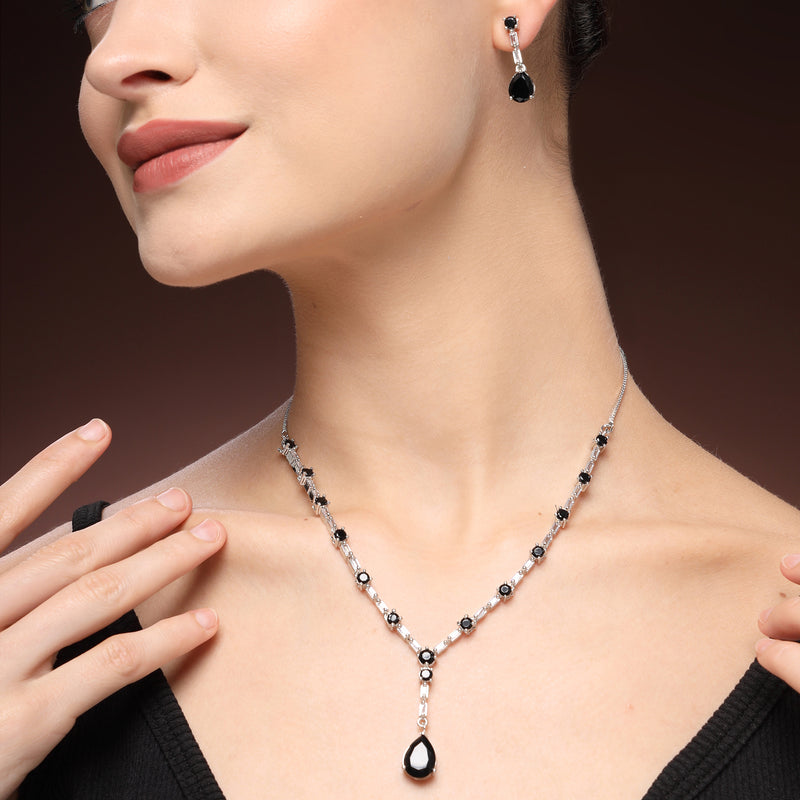Rhodium Plated Silver Toned Teardrop Shaped Black & White American Diamond Studded Jewellery Set