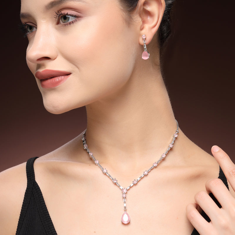 Rhodium Plated Silver Toned Teardrop Shaped Pink & White American Diamond Studded Jewellery Set