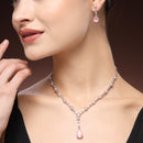 Rhodium Plated Silver Toned Teardrop Shaped Pink & White American Diamond Studded Jewellery Set