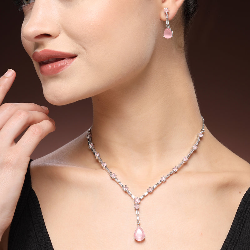 Rhodium Plated Silver Toned Teardrop Shaped Pink & White American Diamond Studded Jewellery Set