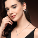Rhodium Plated Silver Toned White American Diamond Studded Floral Teardrop Shaped Pendant Set