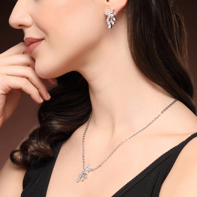 Rhodium Plated Silver Toned White American Diamond Studded Floral Teardrop Shaped Pendant Set