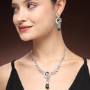 Rhodium Plated Silver Toned Teardrop Leaf Shaped Green & White American Diamond StuddedJewellery Set