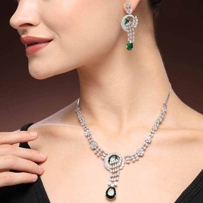 Rhodium Plated Silver Toned Teardrop Leaf Shaped Green & White American Diamond StuddedJewellery Set