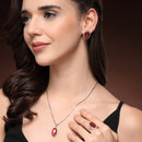 Rhodium Plated Silver Toned Red & White American Diamond Studded Oval Shaped Pendant Combo With Ring