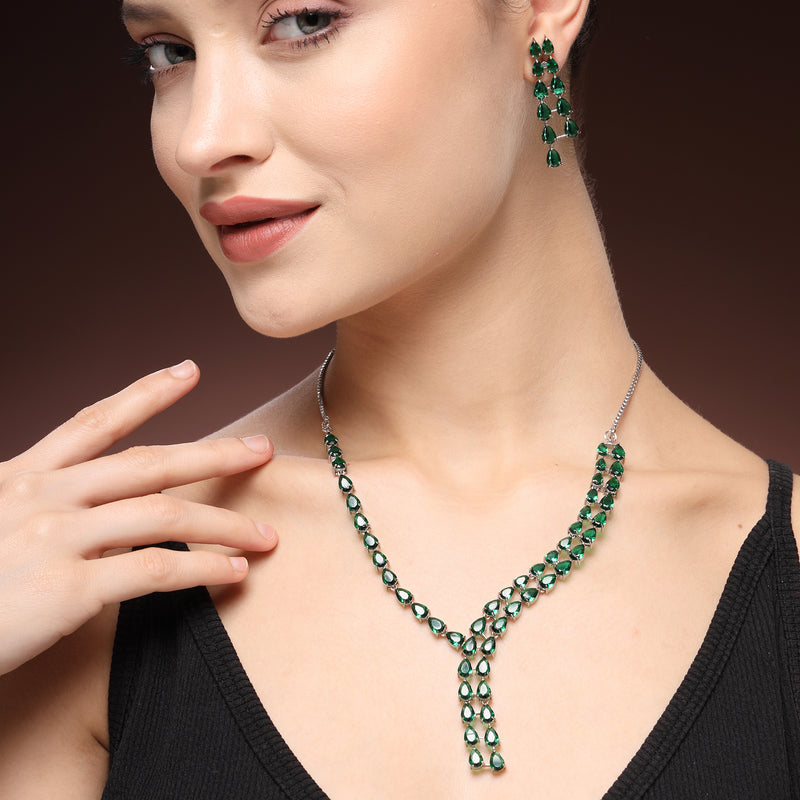 Rhodium Plated Silver Toned Teardrop Shaped Green American Diamond Studded Jewellery Set
