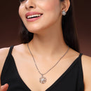 Rhodium Plated Silver Toned White Cubic Zirconia Studded Floral Shaped Pendant Set