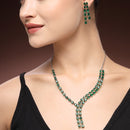 Rhodium Plated Silver Toned Teardrop Shaped Green American Diamond Studded Jewellery Set