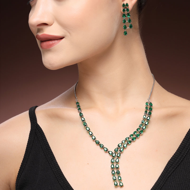 Rhodium Plated Silver Toned Teardrop Shaped Green American Diamond Studded Jewellery Set