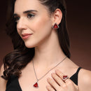 Rhodium Plated Silver Toned Red & White American Diamond Studded Triangular Shaped Pendant Combo With Ring