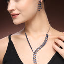 Rhodium Plated Silver Toned Teardrop Shaped Blue American Diamond Studded Jewellery Set