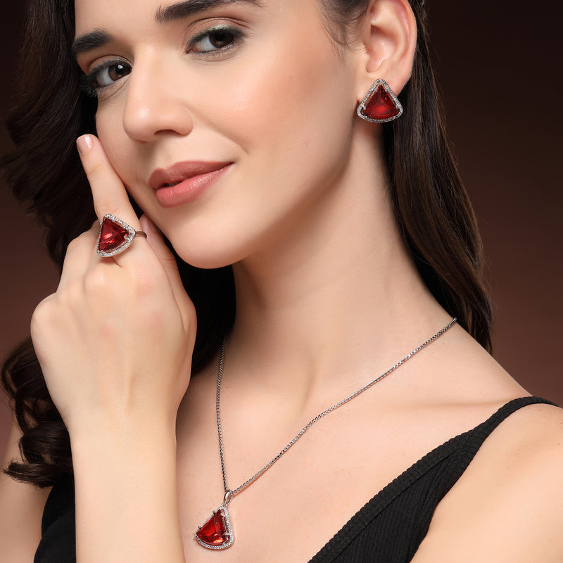 Rhodium Plated Silver Toned Red & White American Diamond Studded Triangular Shaped Pendant Combo With Ring