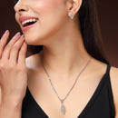 Rhodium Plated Silver Toned White Cubic Zirconia Studded Leaf Shaped Pendant Set