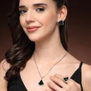 Rhodium Plated Silver Toned Green & White American Diamond Studded Triangular Shaped Pendant Combo With Ring