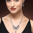 Rhodium Plated Silver Toned Rectangular Shaped Navy Blue & White American Diamond Studded Necklace With Earrings Jewellery Set