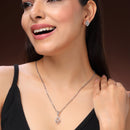 Rhodium Plated Silver Toned White Cubic Zirconia Studded Leaf Shaped Pendant Set